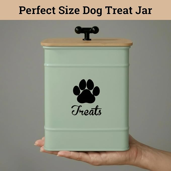 Dog Treat Container Airtight - 6 Inch Wide x 8 Inch Tall Iron Dog Treat Jar for Kitchen Counter with Airtight Bamboo Lid - 12 Cup Capacity Pet Treat Container - Doggie Cookie Jar - Big Treats Canister