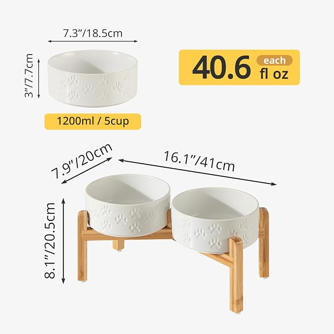 Elevated Ceramic Dog Bowl Set, Anti-Skid Bamboo Stand, White, 7.3 inch | Food and Water Bowls with Fixed Non-Slip Rubber Ring, Microwave Safe, Easy to Clean, 5 Cup per Bowl, for Medium Sized Dogs