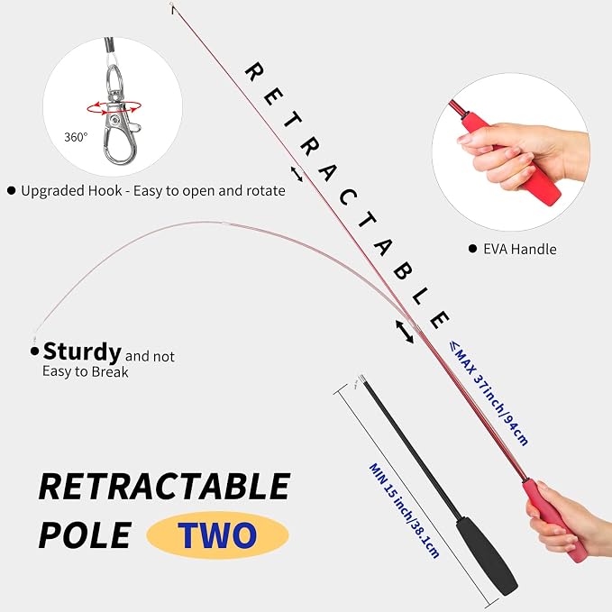 FYNIGO Interactive Cat Kitten Wand Toy Set,2 Retractable Fishing Pole+1 Rainbow Teaser Wand+9 Refills +2 Spare Hook,Funny Cat Feather Toys for Indoor Cats and Kittens to Chase Exercise(14 Pack)