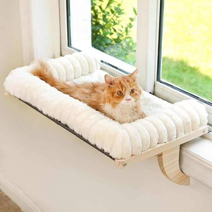 Cloud-Soft Cat Window Sill Perch, Zipper Design Cushion Pet Bed, M | Solid Wood & Sturdy Metal Frame, Machine Washable, Unobstructed Front View, Panoramic and Roomy Cat Hammock for Large Cats