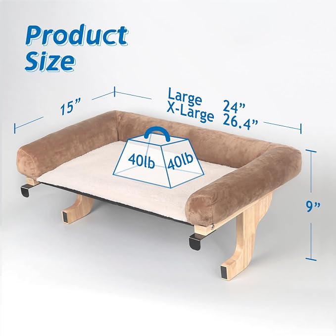 Zakkart Cat Perch for Window Sill with Bolster - Orthopedic Hammock Design with Premium Hardwood & Robust Metal Frame - Cat Window Seat for Large Cats - Natural Color Wood Brown Bed, 26.4''W