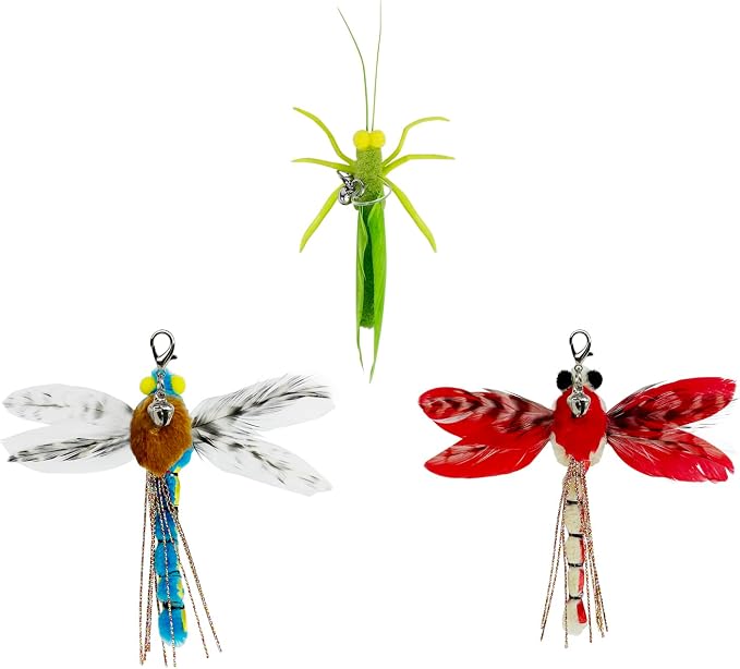 TTcat 3 Pack Dragonfly Grasshopper Cat Wand Refills, Realistic Natural Feather Insect Detachable Replacement Toy Heads with Bell, Universal Lobster Clip-on Cat Teaser Attachments.
