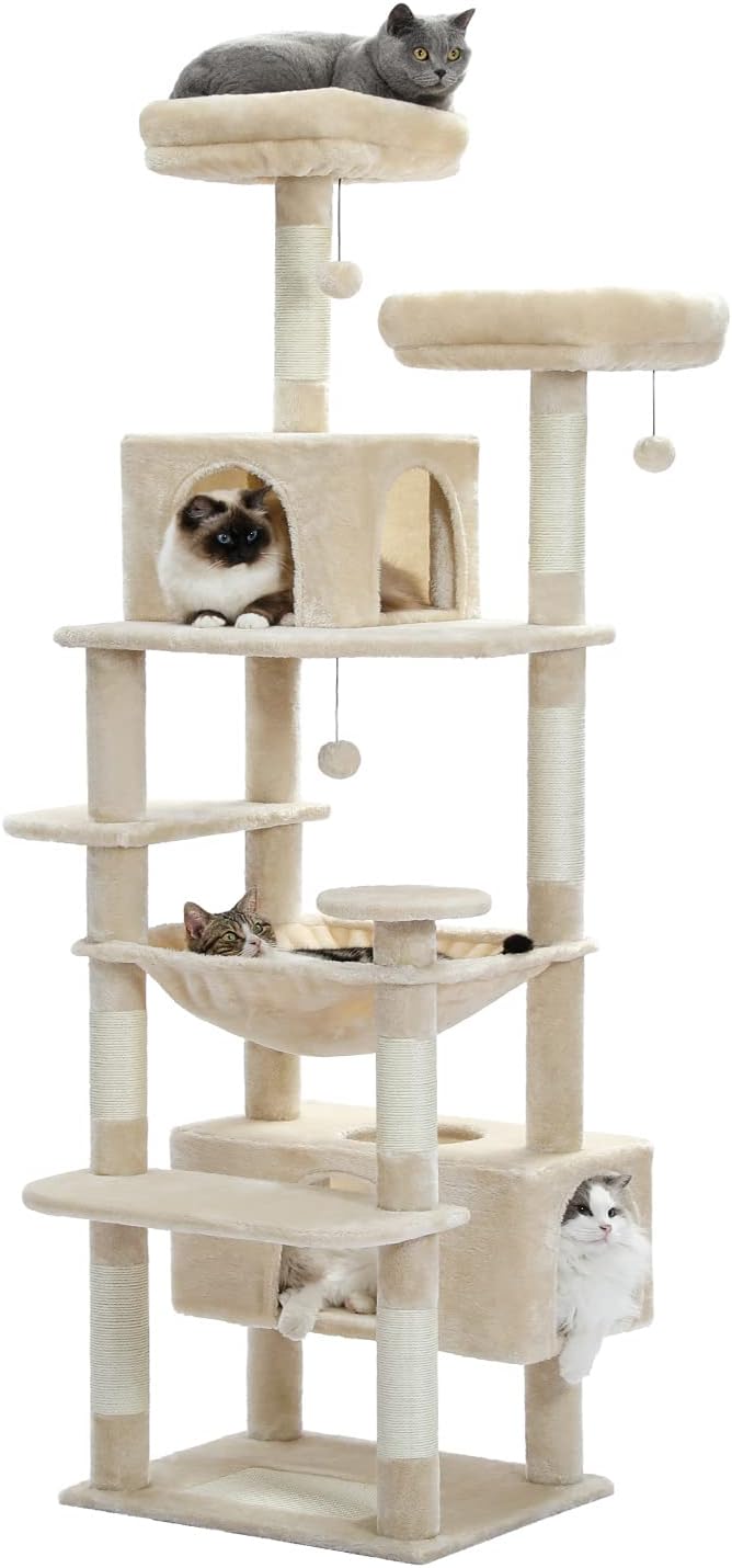 PAWZ Road 72" Cat Tree, Tall Cat Tower with Hammock& Condos for Large Cats | 20"x16" hammock for adult cats, cat tower with 7 scratching posts&pad, dual top perch and large condo for big cats