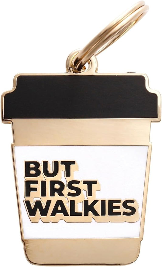 Two Tails Pet Company Personalized 'But First Walkies' Pet ID Tag & Collar Charm - Custom Engraved Dog Tags for Pets - Luxury Brass, Gold Plating