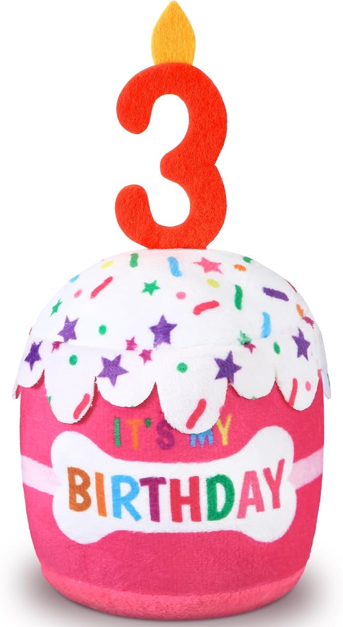 Dansydaisy Dog Birthday Cake Toy Accessories for Girl Boy Gifts, Squeaky Plush Toy for Dog Birthday Party Decor Favor for Large, Medium and Small Dogs(3rd,Pink)
