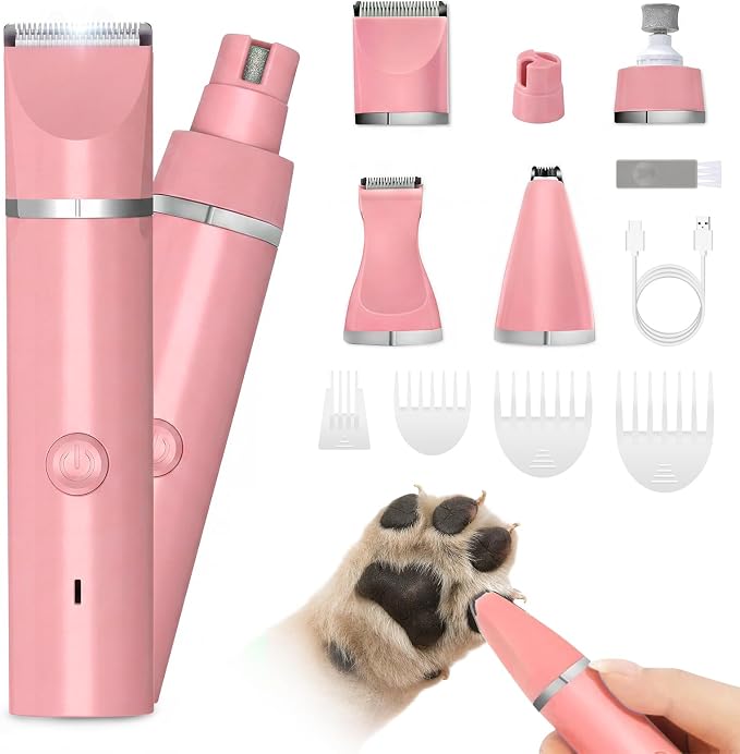 Veeconn 4 in 1 Dog Clippers Grooming Kit with Paw Hair Trimmer for Cat Pet | Low Noise, 7500RPM Powerful, IPX7 Waterproof, Safe & Easy for Beginners, 4 Guide Combs, Cordless Dog Nail Grinder (Pink)