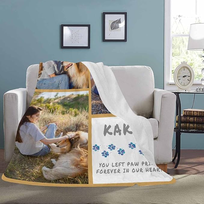 InterestPrint Photo Blanket Customized for Dog Memorial - Personalized Cozy Fleece Throws Blanket with Picture Upload for Dogs Cats Pets 3 Collages