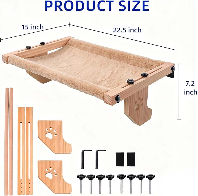 ESPETS Wooden Cat Window Bed for Large Cats, Khaki Cat Window Perch Hammock | Solid Wood Window Large Perch, Sturdy Large Size Shelves, Soft Thick Removable Cushion, Easy Assemble Adjustable, Hold 40LBS
