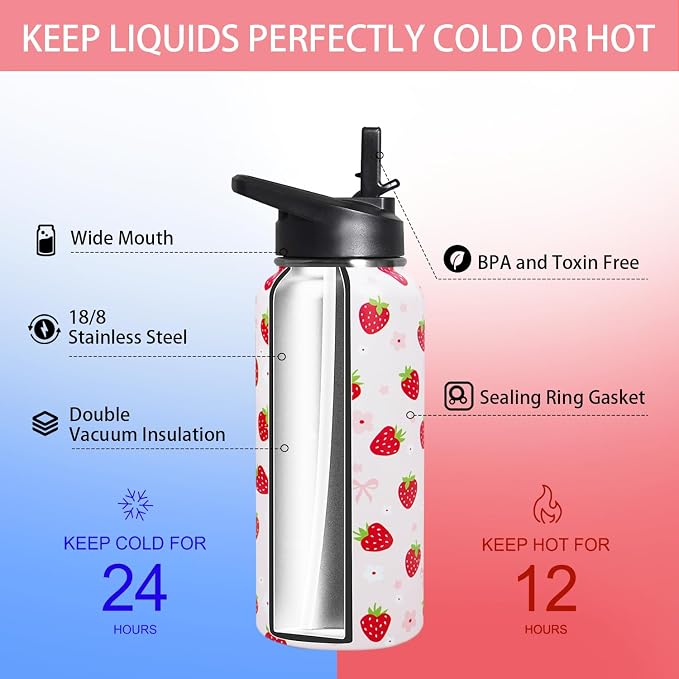 32oz Strawberry Stainless Insulated Aater Water Bottle with Straw,Strawberry Floral Gym Hiking Sports Coffee Mug Cup Water Bottles,Strawberry Themed Gifts for Women,Strawberry Decor Stuff Accessories