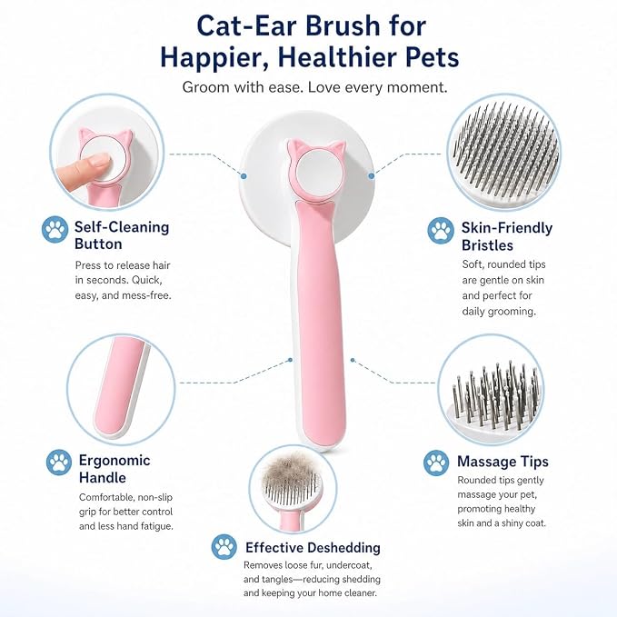 Generic Cat & Dog Grooming Brush, Pink - Self-Cleaning Slicker Brush with Massage Particles, Removes Loose Undercoat, Ergonomic Handle