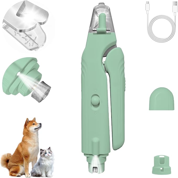 2-in-1 Dog Nail Clippers and Cat Nail Clippers with Light, Quick Sensor and Safety Guard, USB Rechargeable Pet Nail Trimmer with 2 LED Lights for Large Medium Small Dogs and Cats (Light Green)