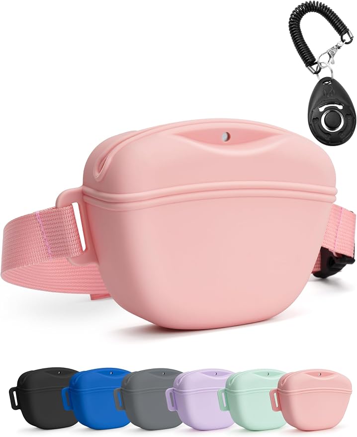 heouvo 1.67 Cup Dog Treat Pouch with Training Clicker (Pink) | Magnetic Closure, Silicone Bag with Waist Belt for Pet Training & Walking, Easy One-hand Treat Access