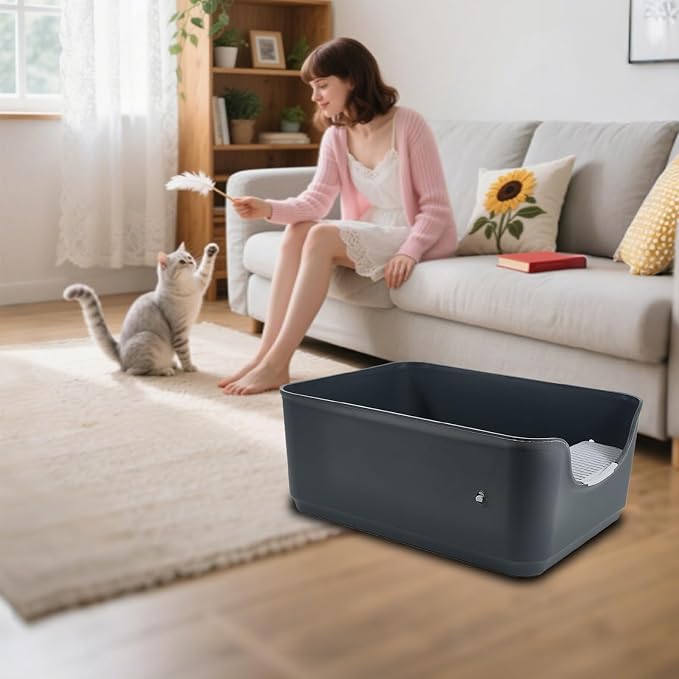 Large Cat Litter Box with High Sides,Cat Boxes for Indoor Cats,Cat Litter Pan for Kitty,Litter Box with Low Entry,Easy to Clean,Anti-Splashing (Dark Grey)
