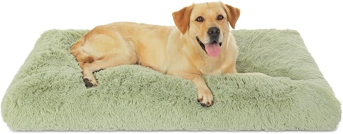 Bedfolks Waterproof Dog Crate Bed, Plush Large Dog Pad, 41"x27", Sage Green | Faux Fur Plush Cover, Zippered Removable Washable Outer, Waterproof Inner Lining, Non-Slip Base, Crate Pad and Dog Pillow