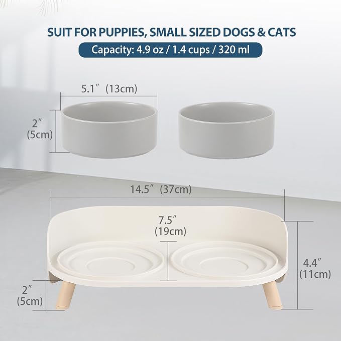 Raised Cat Food and Water Bowl Set - Elevated Ceramic Dishes with Non-Slip Stand and Splash Guard for Small Dogs - 2 x 320 ML (4.9 OZ) - Grey