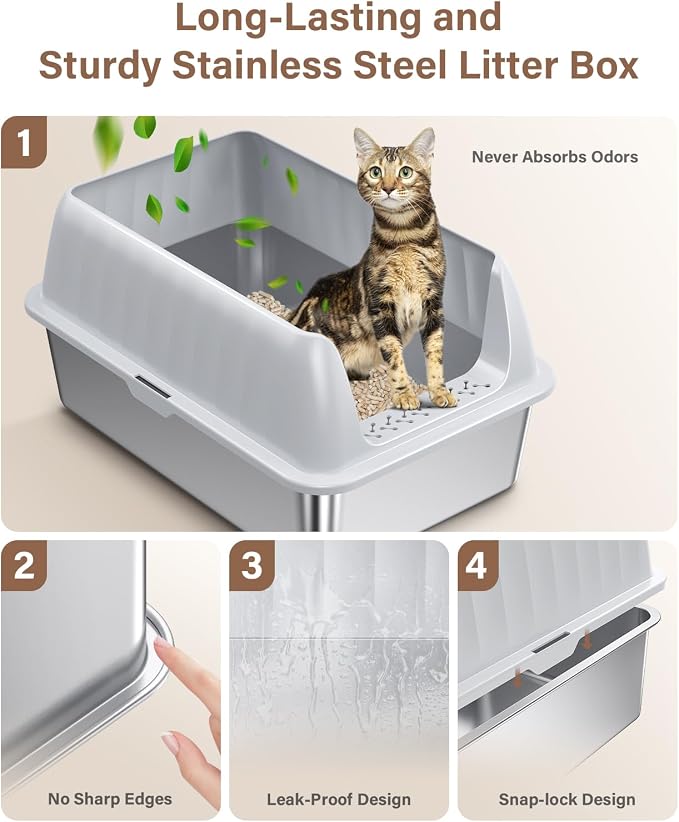 Stainless Steel Cat Litter Box XL with Lid, Enclosed Metal Extra Large Litter Box Pan High Sided with Scoop for Big Cats, Non-Sticky, Anti-Urine Leakage, Easy Cleaning (Light Gray, Large)