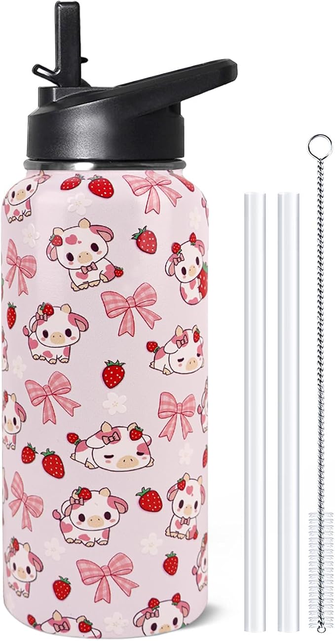32oz Strawberry Cow Stainless Insulated Aater Water Bottle with Straw Gym Hiking Sports Coffee Mug Cup Water Bottles,Penguin Gifts for Women,Strawberry Cow Decor Stuff Accessories