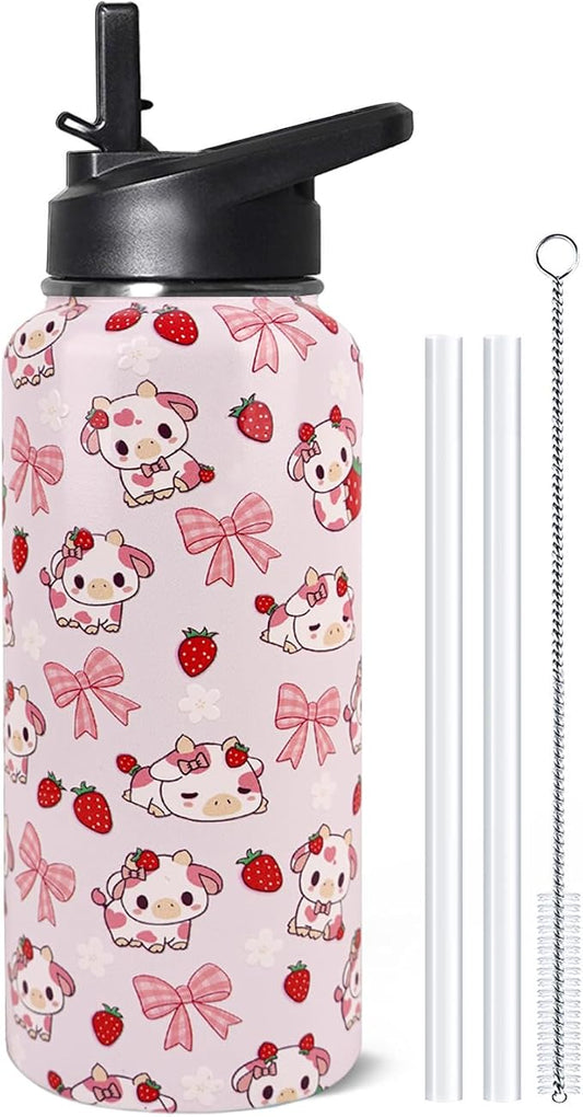 32oz Strawberry Cow Stainless Insulated Aater Water Bottle with Straw Gym Hiking Sports Coffee Mug Cup Water Bottles,Penguin Gifts for Women,Strawberry Cow Decor Stuff Accessories