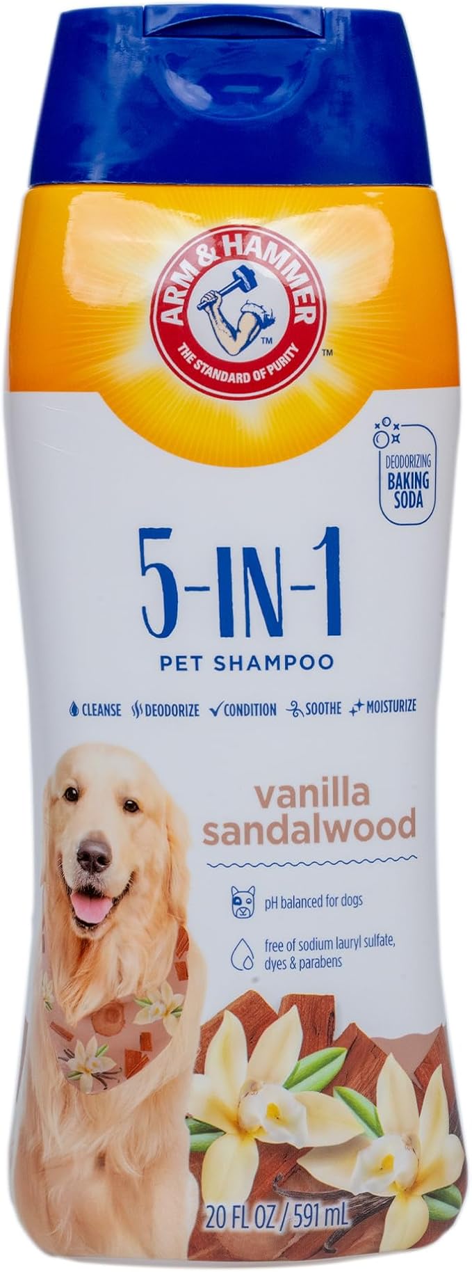 Arm & Hammer 5-in-1 Dog Shampoo, Vanilla Sandalwood, 20 Fl Oz | Oatmeal formula with aloe, shea butter, and baking soda cleans, conditions, and cares for the coat