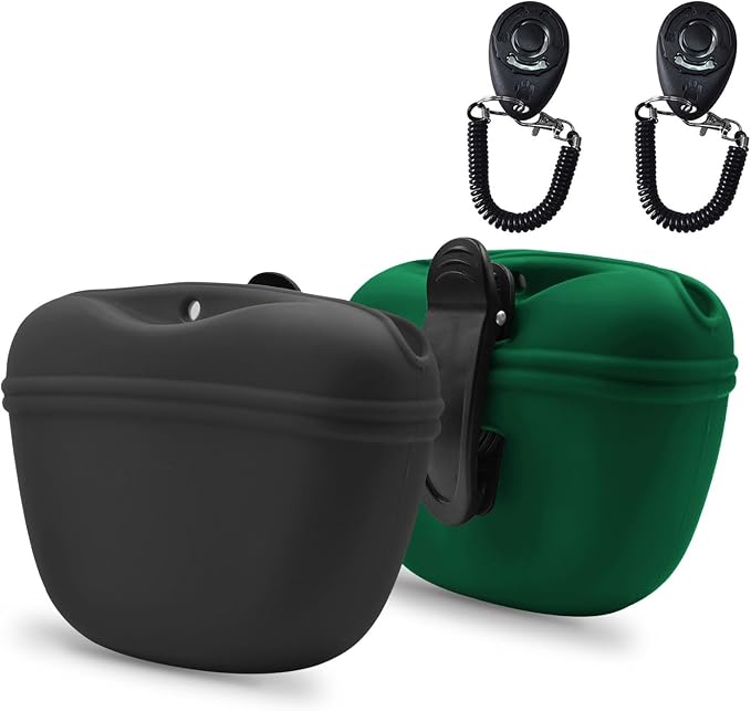 AUDWUD Silicone Dog Treat Pouch with Clicker Magnetic Closure Secure Clip | Upgraded clip keeps your treat pouch secure during training.Magnetic closure allows fast one hand access.Includes dog click