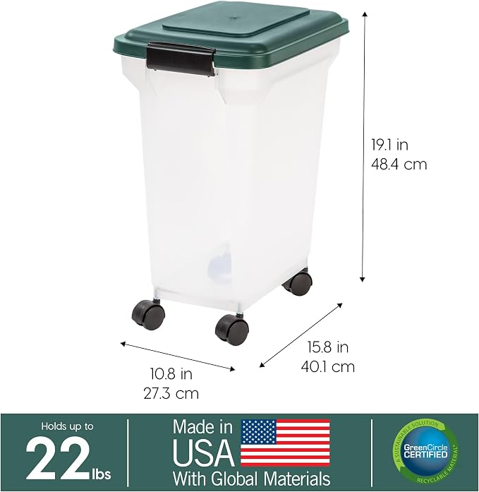IRIS USA Airtight Pet Food Container, Up to 22 lbs, Green | Made in USA, BPA-Free, Rolling Wheels
