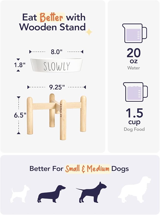 LE TAUCI PET Ceramic Slow Feeder Dog Bowls Elevated for Small and Medium Breed with Wooden Stand, 1.5 Cups Dog Dishes to Slow Down Eating, Anti-Gulping Pet Feeding Dishes,White