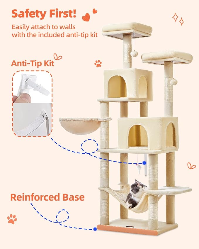Taoqimiao Cat Tree, 67 in Tall Cat Tower with 2 Plush Cat Condos | 7 Scratching Posts, 2 Top Perches, Cozy Hammock & Basket, Indoor Cats, 2 Pompoms & Mouse Toy, Beige, MS013M