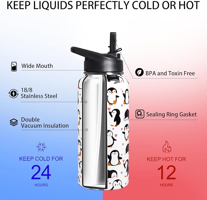32oz Penguin Stainless Insulated Aater Water Bottle with Straw,Penguin Gym Hiking Sports Coffee Mug Cup Water Bottles,Penguin Gifts for Women,Penguin Decor Stuff Accessories