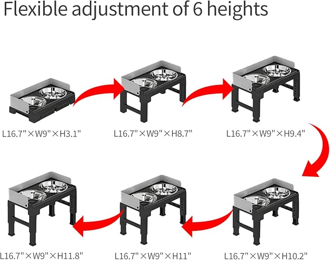 Elevated Dog Bowls with Stainless Steel Slow Feeder Bowl for Medium and Large Dogs, Spill-Proof Tiltable Dog Feeder with 2 Bowls, 6-Height Adjustable Raised Dog Bowl Stand