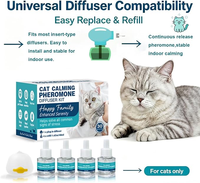 Cat Pheromone Calming Diffuser Refill, 1 Diffuser 4 Refill, 192ML/120 Days | Help Reduce Unwanted Behaviors, Deter Spraying, Scratching & Cat Fighting, Universal Diffusers Plug-in