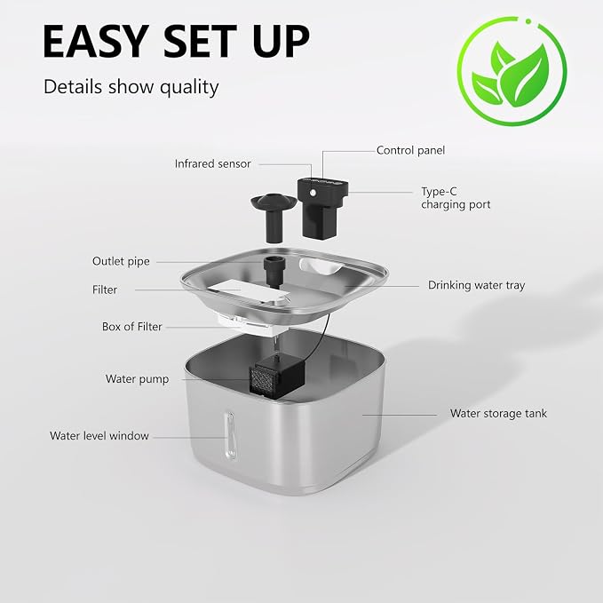 Automatic Cat Water Fountain, Wireless Pet Water Fountain Stainless Steel, Ultra Quiet Pump, Motion Sensor, Easy to Clean, USB Rechargeable, 3.2L/108oz for Multiple Cats & Small Dogs