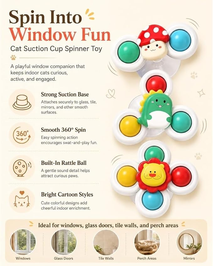 3PCS Cat Suction Cup Spinner Toy Window Perch Interactive Play for Indoor | Strong Suction Base Attaches to Smooth Glass or Tile While Spinning Design Keeps Indoor Cats Engaged (Set-A)
