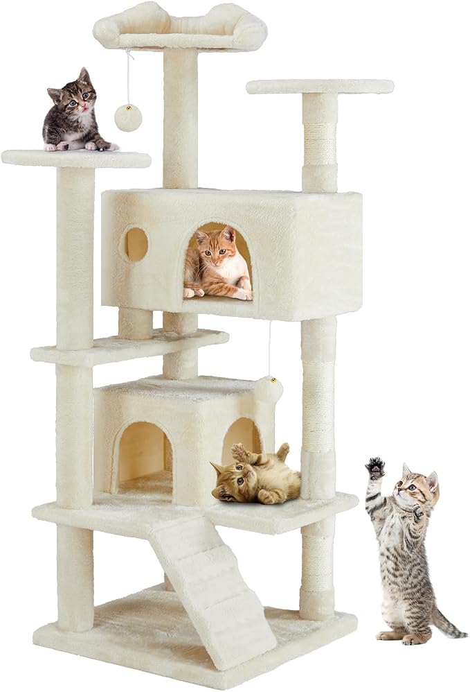DUMOS 54-inch Cat Tree Tower with Scratching Posts, Indoor Use | Multi-Level Pet House for Large Cats with 2 Condos, Round Platform, Small Ladder and Toys, Beige