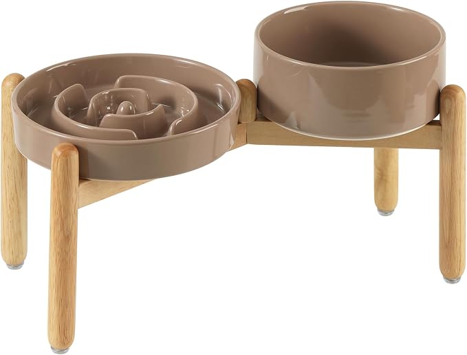 Havniva 7.3” Raised Slow Feeder Dog Bowls Set, 1.2 Cups Ceramic Slow Feeder Dog Bowl and 6.1” Dog Water Bowl with Elevated Wooden Stand Puzzle Dog Food Bowl for Small Dogs Anti-Gulping & Anti-Choking