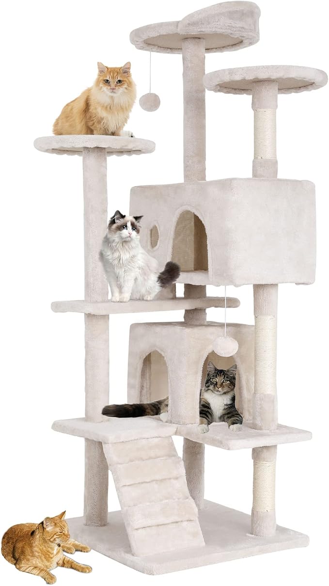 BestPet | 54" Cat Tree Tower | Beige | Sturdy Multi-Level Cat Tree | with Plush Condo, Cozy Perch, Sisal Scratching Posts, Hanging Toy and Stable Frame | Easy Assembly | for Kittens & Adult Cats