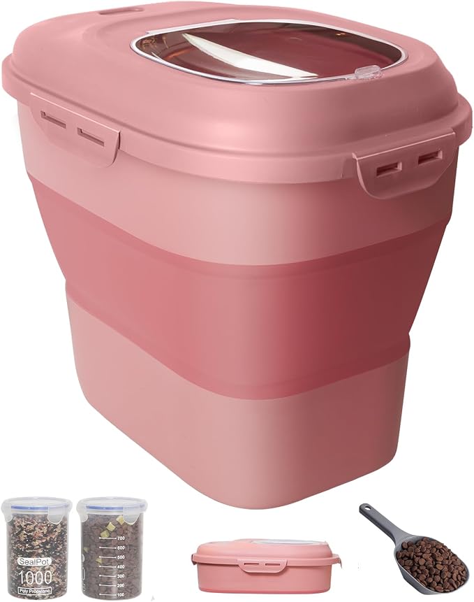 30-35Lbs Airtight Dog Food Storage Container,Collapsible Dog Food Container | Large Pet Food Storage Container with Double Airtight Seal & Magnetic Lid,Dog Food Bin with Wheels,2Pcs Containers,Scoop,Pink