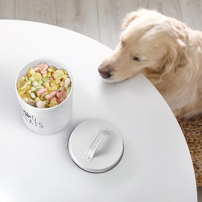 OUTNILI Small Dog Treat Container Airtight - 6" Tall X 4.9" Round White Dog Treat Jar for Kitchen Counter - Rustic Treat Storage Canister for Dogs, Cats, Small Animals - Gifts for Pet Owners
