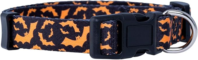Native Pup Halloween Dog Collar- Spooky Fall Themed Horror Costume Collars- Skull, Pumpkin, Ghost, Bat, Witch, Candy Corn, Spider- Adjustable for Small, Medium, Large Breeds (Large, Orange Bats)