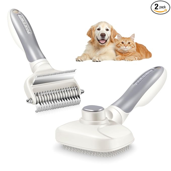 Potaroma Dog Cat Grooming Brush 2 Pack, Deshedding Rake & Slicker Comb | One Click Self Cleaning, Dematting & Undercoat Tool, Gentle Pins for Long or Short Haired Pets, Puppy to Large Breeds, Grey