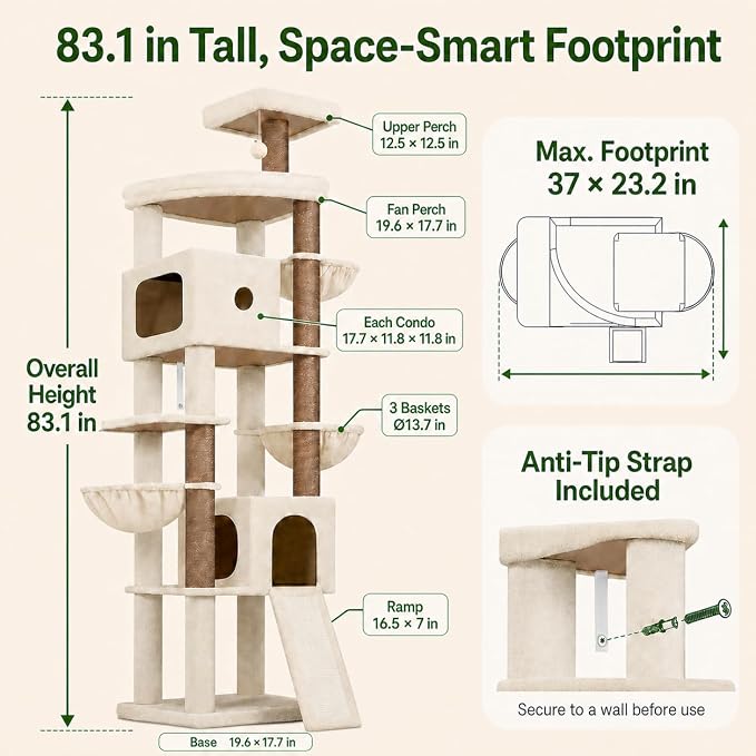 Globlazer F83C Pro Max Heavy Duty Maine Coon Cat Tree, 83in Tall Tower | Easy Assembly, Large Cats, 2 Condos, 3 Hanging Baskets, 2 Perches, 7 Sisal Scratching Posts, Anti-Topple Strap, Beige