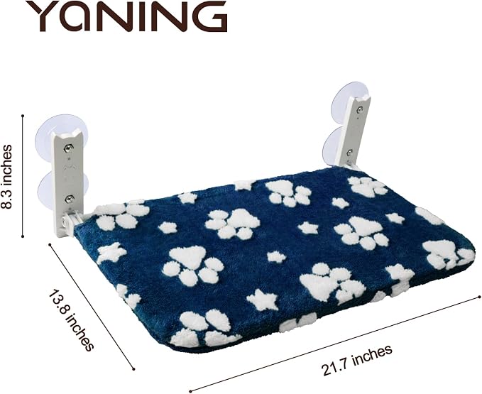 Cute Cat Window Perch, Foldable Cat Window Hammock, Navy Blue | Cordless Window Seat Bed for Indoor Cats, 3D Textured Paw Cover, Strong Suction Cups