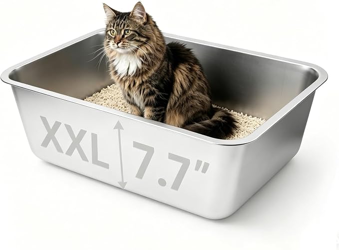 Stainless Steel Cat Litter Box for Adult Cats or Kitty/Kitten 23.6"x15.8"x8" Rust-Proof, High Side, Non Stick, No Smell, Easy to Clean Metal Cat Litter Box