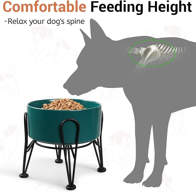 Elevated Dog Bowls, Ceramic Raised Dog Bowl Set with Anti-Slip and Non-Tip Metal Stand, 2 Pack Pet Food and Water Feeding Bowls for Small and Medium Dogs (Green,3.6 Cups)
