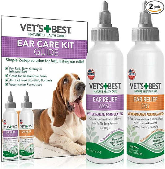 Vet's Best Dog Ear Cleaner Kit - Multi-Symptom Ear Relief - Wash & Dry Treatment - Alcohol-free | Ear Cleaning Kit, Wash & Dry Formula, Alcohol-Free Ear Care, Helps Remove Wax, Debris & Control Odors