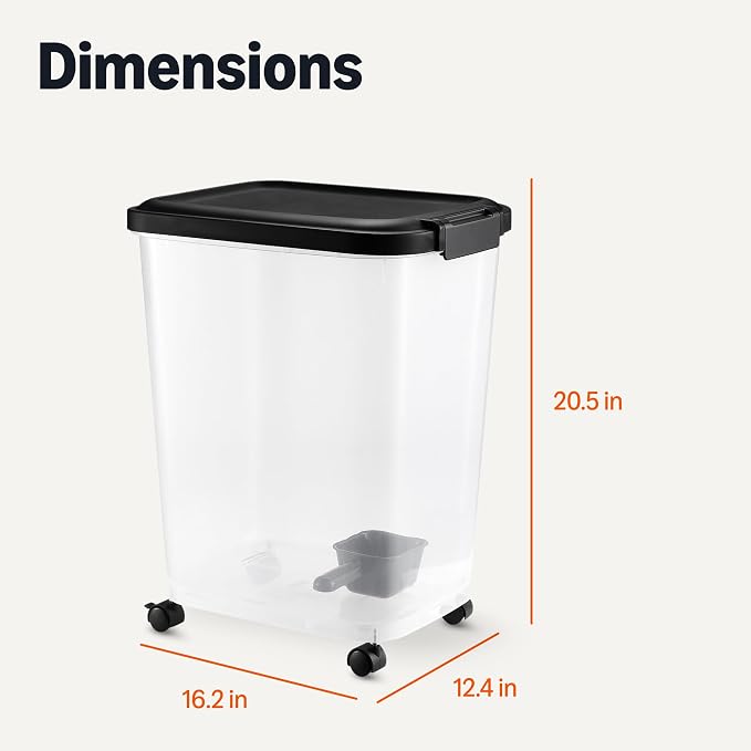 Amazon Basics Pet Food Storage Container with Wheels, BPA-Free, Detachable Scoop, 30lbs Capacity, Reliable Seal