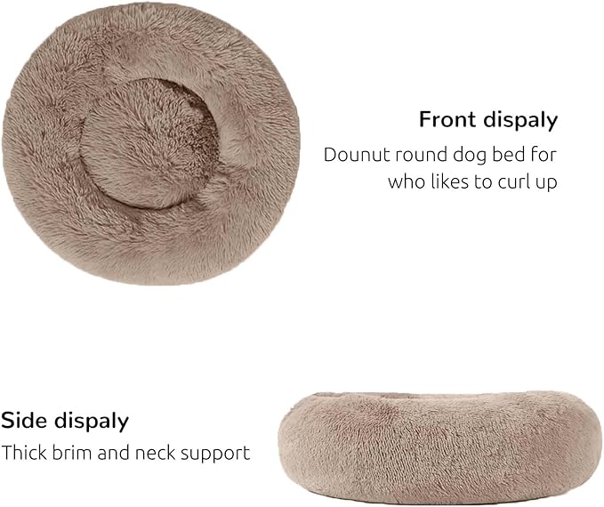 HACHIKITTY Calming Donut Cuddler Dog Bed, Round Fluffy Pet Bed with Sewn-in Cushion for Large Dogs,Washable, Large, Taupe, 30''