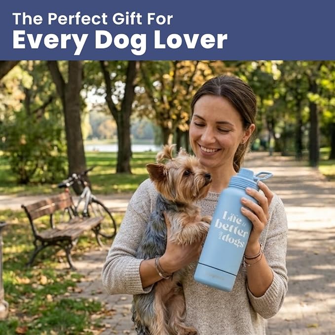 Dog Water Bottle for Dog Lovers - 32 oz Stainless Steel Double Wall Insulated Water Bottle with 8 oz Detachable Bowl - Doggy Lover Gift for Hiking, Walking, Travel - “Life is Better” - Dusty Blue