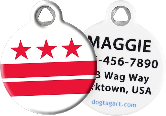 Washington DC Flag Personalized Pet ID Tag for Dogs and Cats, Silent Polymer Coated Dog Tag with Customized Identification Information - Large 1.25" Diameter