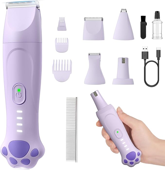 4-in-1 Dog Clippers for Grooming Kit - 45dB Quiet 150-Min Run Non-Slip Grip | Cordless Rechargeable IPX7 Waterproof Hair Paw Trimmer & Nail Grinder Pet Shaver at Home Razor for Dog & Cat, Purple Veeconn