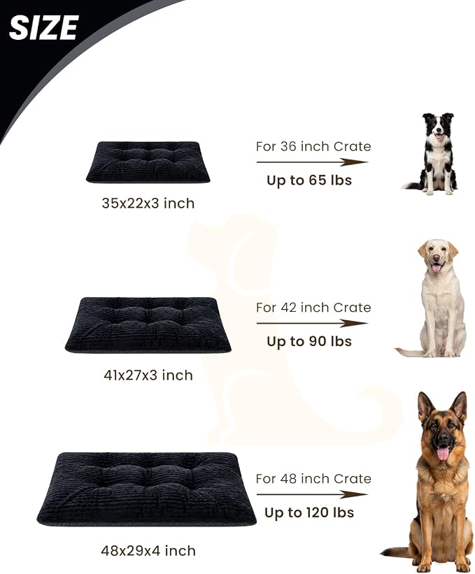 KSIIA Washable Dog Crate Bed Kennel Mat for Large Dogs,41 x 27 Inch, Black | 3in thick soft PP filling,Elastic rebound,300gsm shed-proof flannel,Soft skin-friendly,Anti-slip bottom,Machine washable